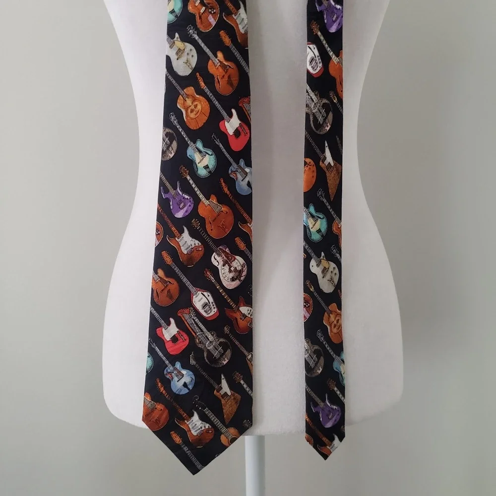 Tie Tales Mens 100%‎ Silk Neck Tie Guitar Print Novelty Music Rock Multicolor
